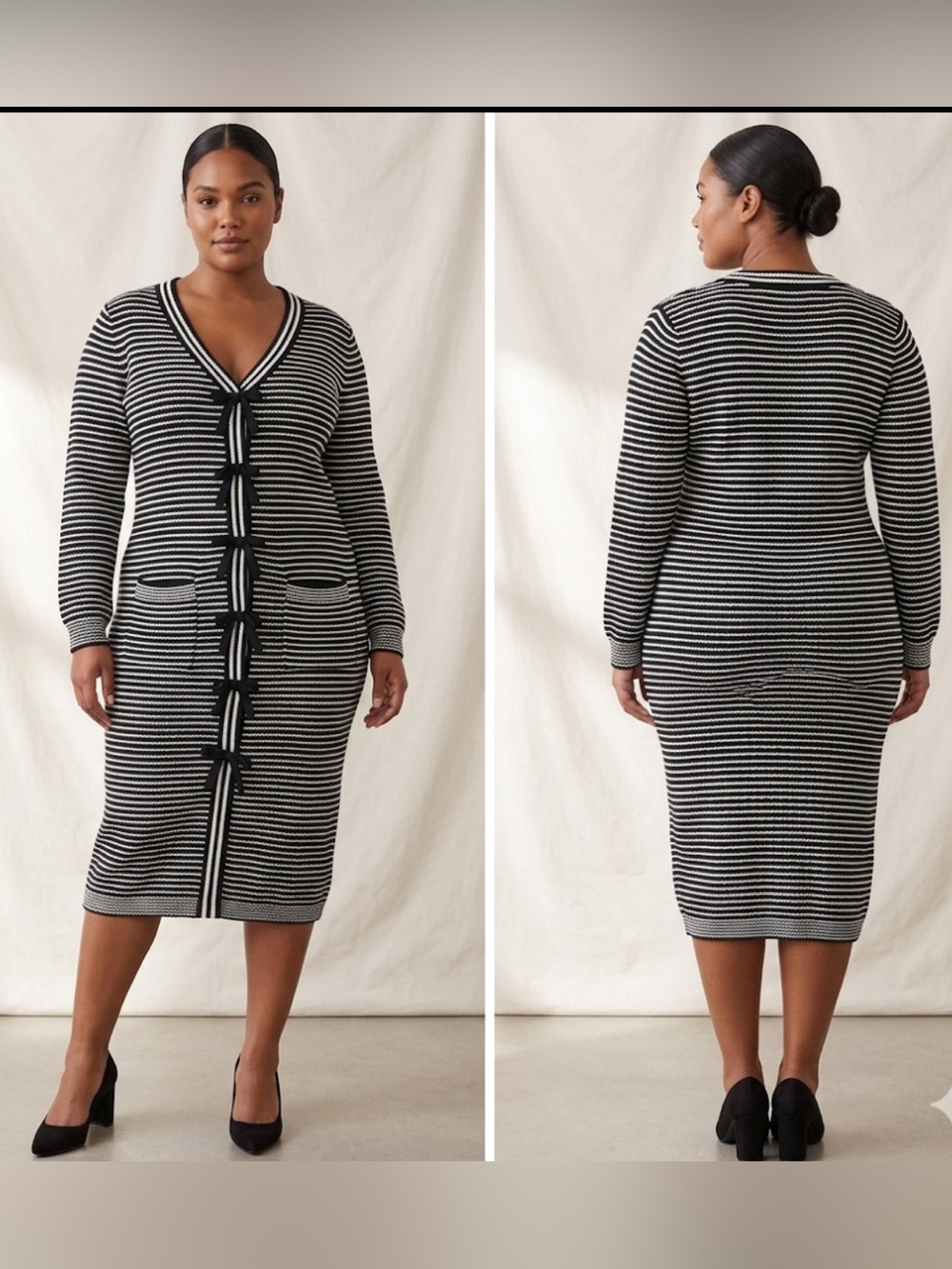 Nicole Miller New York Striped Bow-Tie Fitted Sweater Dress - Black & White Knit